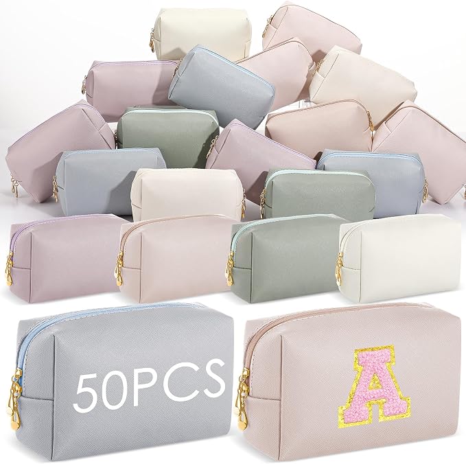 50 Pcs Makeup Bag Bulk PU Leather DIY Cosmetic Plain Preppy Makeup Pouch Portable Waterproof Toiletry Bags for Women Travel Pencil Case Cosmetic Organizer(Morandi Colors) by Cunno