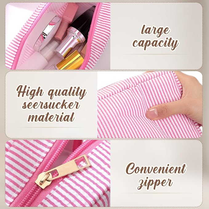 Sanwuta 10 Pcs Seersucker Cosmetic Bag Seersucker Makeup Bag Women Stripe Large Travel Toiletry Organizer Preppy Storage Pouch for Embroidery Wedding Bridesmaid Bride Mom (Pink) - Image 3