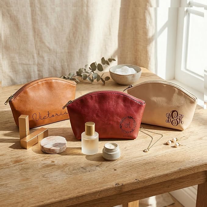 Personalized Makeup Bag • Genuine Leather Custom Cosmetic Bag • Mini Bag for Purse • Leather Make Up Pouch • Custom Toiletry Bag • Customized Bag with Name or Initials • Makeup Accessories for Women - Image 2