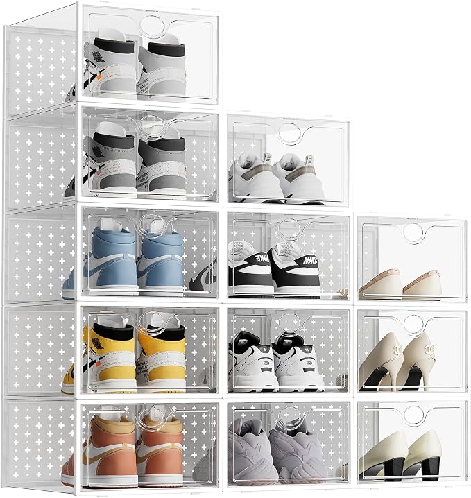Pinkpum 12 Pcs XLarge Shoe & Sneaker Storage Organizer Box Clear Plastic Stackable Closet White by Pinkpum