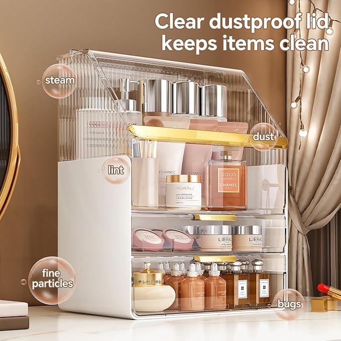 Makeup Organizer Countertop with Lid, Skincare Organizers for Vanity, 3 Tiers Clear Makeup Storage Cosmetic Display Cases Holder for Bedroom Bathroom Dresser Desk Countertop - Image 4