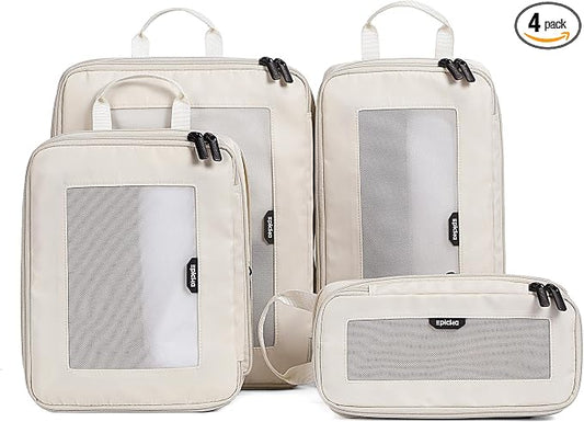 EPICKA TripCozy Compression Packing Cubes - 4 Set Durable Travel Organizer Bags with Mesh Top, Expandable Travel Accessories for Carry on, Luggage, Suitcase, Backpack (Beige) by EPICKA