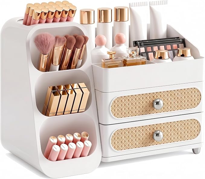 Booklov Large Makeup Organizer for Vanity and Bathroom Countertop, White | Plastic Cosmetic Display Case with Drawers, Beauty Brush Holder for Dresser Counter Skin Care Eyeshadow Lipstick Storage by Booklov