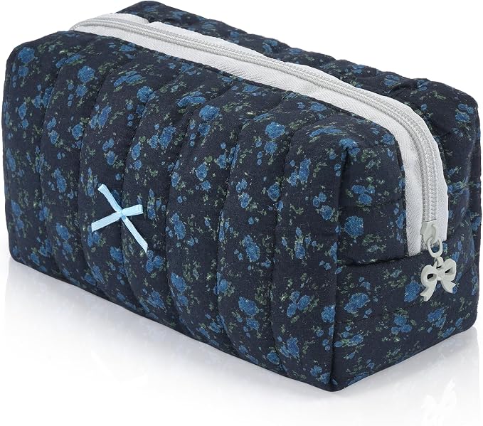 Makeup Bag Travel Toiletry Bag for Women, Small Cosmetic Bags Aesthetic Organizer Quilted Cotton Makeup Pouch&Purse Emergency Bag Floral Pencil Case Accessory Bag, Midnight Blue by Unknown
