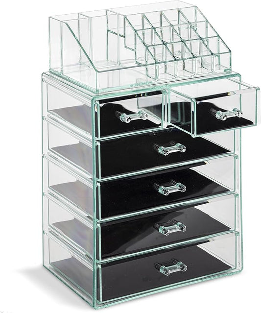 Sorbus Acrylic Makeup Organizer Set, 6-Drawer Vanity & Countertop Cosmetic Storage with Small & Wide Compartments, Teal Thrill Makeup Storage for Brushes, Jewelry – Holiday Gift for Women & Teens by Sorbus
