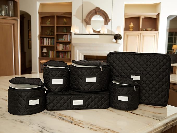 Covermates Keepsakes Dish Storage Set – Padded China & Dinnerware Storage Cases with Dividers, Cup & Stemware Storage, Quilted Polyester Protection, ID Window, Black - Image 4