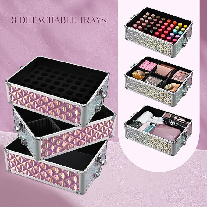 Yueieoun 5 in 1 Rolling Makeup Case, Cosmetology Case on Wheels Travel Make up Train Case Nail Cart Makeup Organizer Cosmetic Storage Box Cases Extra Large Trolley Truck with 360° Swivel Wheels, Pink - Image 3