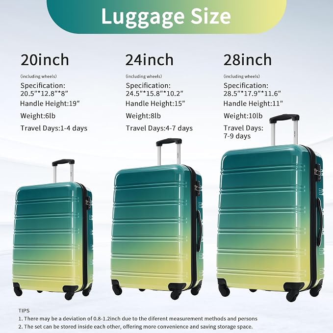 Merax Luggage Sets 3 Piece, Hardside Suitcase with Spinner Wheels,20+24+28 | Lightweight Gradient Color Suitcase with Carry on Luggage, Expandable Convenient Travel,Green and Yellow - Image 3
