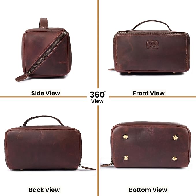 LEATHER VILLAGE Genuine Leather Travel Dopp Kit for Men & Women – Open Flat Large Capacity Cosmetic Bag with Water-Resistant Lining – Skin Care, Brushes, Shaving & Bathroom Essentials Organizer-Cherry - Image 5