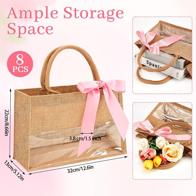 8 Pack Burlap Tote Bags with Clear PVC Window and Pink Ribbon DIY Bachelorette Bags Bridesmaids Gift Bag Reusable Grocery Bag with Handle for Wedding Engagement Beach Shower Party - Image 2