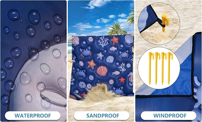 WIWIGO Beach Blanket Waterproof Sandproof Beach Mat 79" X 83"/10'x9'for 2-8 Adults Quick Drying Outdoor Picnic Mat Beach Accessories for Travel, Camping, Hiking - Image 3
