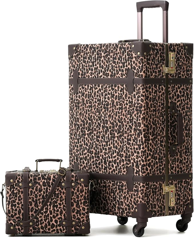 urecity Vintage Suitcase Set for Women, Vintage Luggage Sets for Women 2 Piece, Cute Designer Trunk Luggage, Retro Suit Case, Luggage Zipperless TSA Approved (Leopard, 26"+12") by urecity