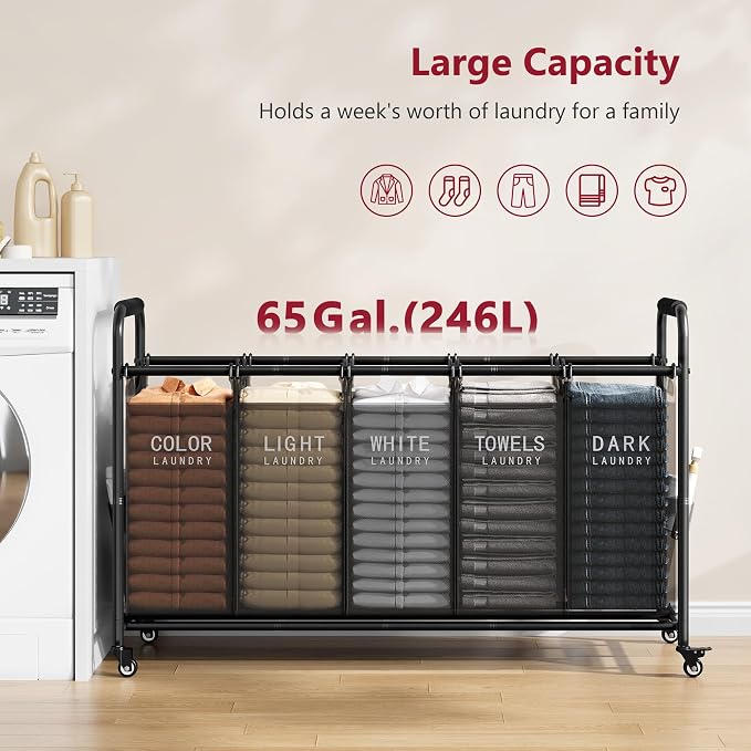 Tajsoon 5 Bag Laundry Sorter Cart, 5 Section Laundry Hamper with Heavy Duty Rolling Lockable Wheels, Laundry Basket Organizer with Removable Bags for Dirty Clothes Storage, Black - Image 4