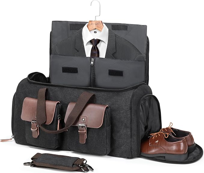 Canvas Garment Bags for Travel, Convertible Carry On Garment Duffel Bag for Men Women, 2 in 1 Suit Bag Hanging Suitcase Business Travel Bag with Shoe Compartment (Black, XL) by DensataTravelBag