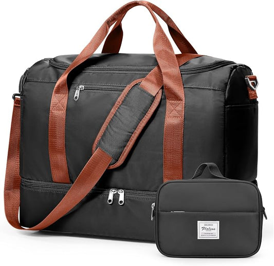Travel Duffel Bag,Carry-On Overnight Weekender Bags with Shoes Compartment | Travel Bag with Wet Pocket & Toiletry Bag,For Spirit Airlines 18x14x8 Personal Item Bag,Small,Black & Brown by SYCNB