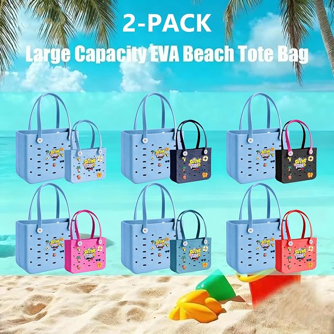 2-Pack Beach Bags Medium & Small,Waterproof Sandproof Rubber Tote Set for Women Men, Vacation Pool Boat Essentials - Image 4
