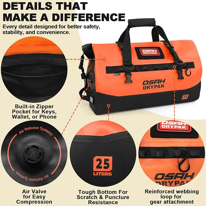 OSAH DRYPAK Waterproof Duffel Bag 25L/40L/60L – Heavy-Duty Motorcycle Tail Bag, Roll-Top Dry Bag for Travel, Camping, Boating, Kayaking, Outdoor Adventure - Image 3