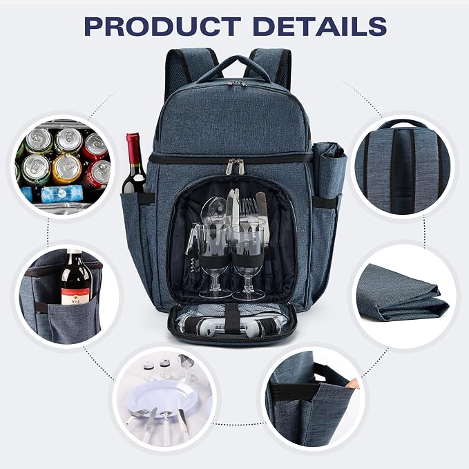 Vogano Picnic Backpack & Accessories – Insulated Picnic Set for 2 Person with Dual Compartments, Lightweight Blanket, Cutlery Set, for Newlyweds and Couples Gifts Blue - Image 5