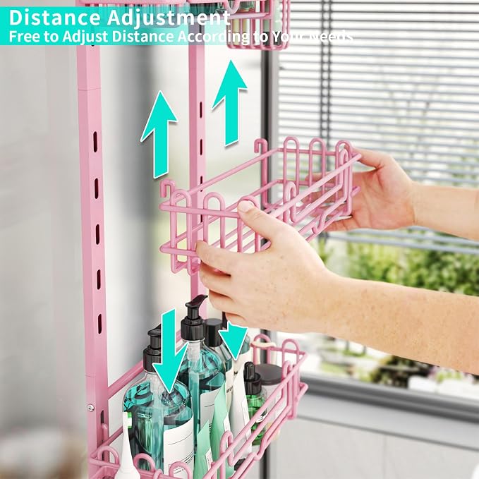 HapiRm Hanging Shower Caddy Organizer - Shower Shelf with 22 Hooks and 2 Toothbrush Holders, No Drilling Adjustable Hanging Bathroom Organizer - Pink - Image 2