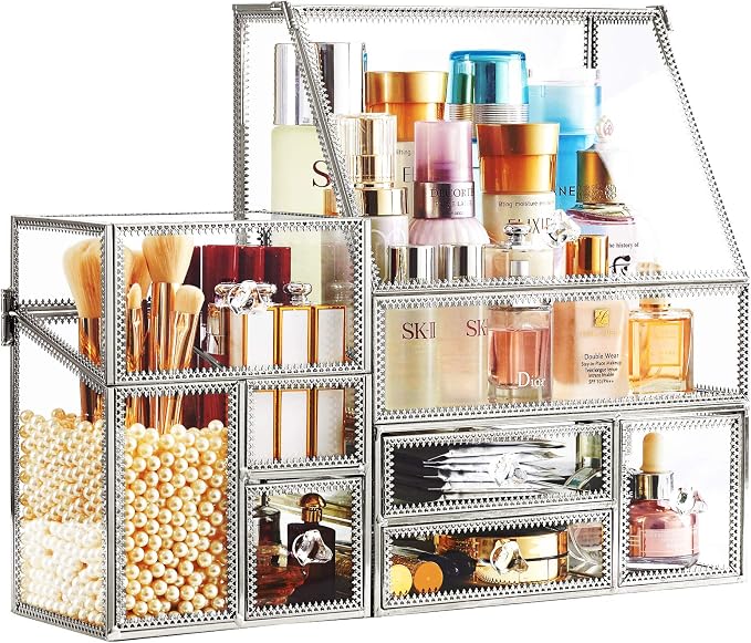 Tempered Glass Makeup Organizer with Heart Shaped Metal Frame, Large Cosmetic Storage Drawer Cabinet, Dustproof Vanity Display Case for Lipstick Makeup Brush Skincare Bathroom Bedroom - Image 8