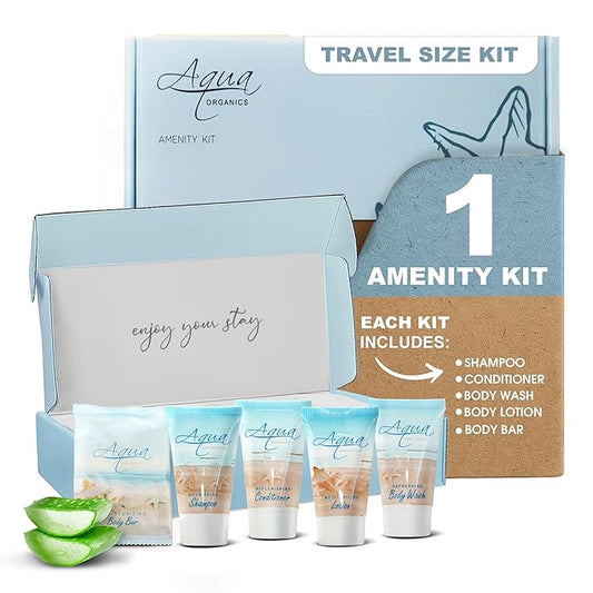 1-Shoppe Aqua Organics Amenity Kit | Boxed Hotel Toiletries Bulk Set | 1 oz Shampoo, Conditioner, Lotion, Body Wash & Bar Soap | 5 piece set