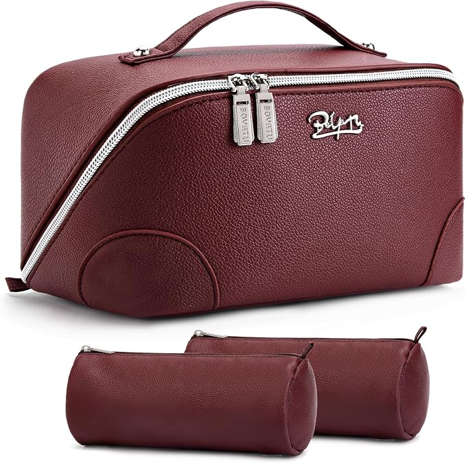 BOYATU Travel Makeup Bag Cosmetic Bags for Women: 3 Pcs Set Large Capacity Make up Bag with Handle - Waterproof Vegan Leather Toiletry Bags Travel Essentials with Compartments(C-5-Red) by BOYATU