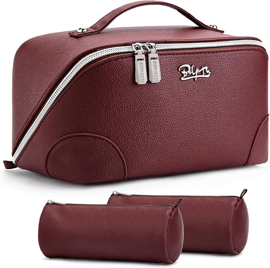 BOYATU Travel Makeup Bag Cosmetic Bags for Women: 3 Pcs Set Large Capacity Make up Bag with Handle - Waterproof Vegan Leather Toiletry Bags Travel Essentials with Compartments(C-5-Red) by BOYATU