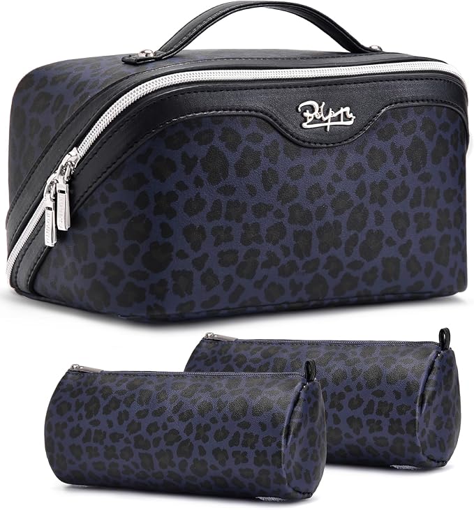 BOYATU Travel Makeup Bags Cosmetic Organizer Bag: 3 Pcs Set Large Capacity Make up Bag with Compartments - Waterproof Leather Toiletry Bags with Handle for Women (B-Blue) by BOYATU