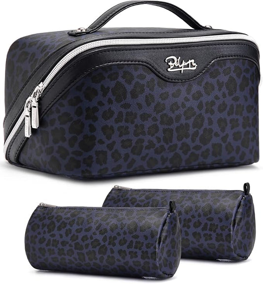 BOYATU Travel Makeup Bags Cosmetic Organizer Bag: 3 Pcs Set Large Capacity Make up Bag with Compartments - Waterproof Leather Toiletry Bags with Handle for Women (B-Blue) by BOYATU