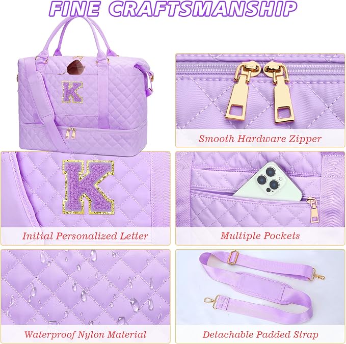Gift for Teen Girl Initial Travel Duffle Bag Quilted Weekender Bags Carry-On Overnight with Cosmetic Bag, Gym Bag with Shoe Compartment Hospital Bag for Women Labor Delivery, Purple-K - Image 6