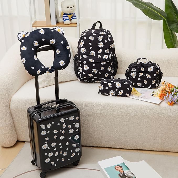 Redbaker 6 Pcs Luggage Set, 17 Inch Rolling Suitcase with Backpack, Lunch Bag and Neck Pillow, Black Daisy Travel Set for Summer Vacation, Weekend Trips and Sleepovers - Image 6
