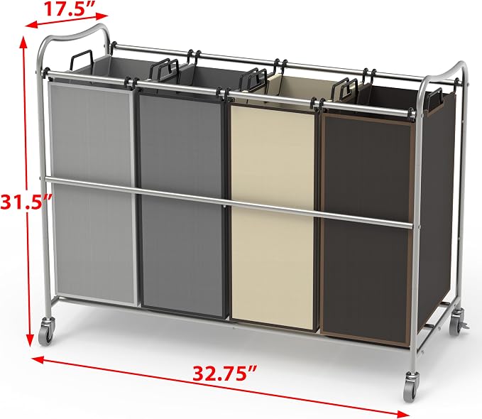 Simple Houseware 4-Bag Heavy Duty Laundry Sorter Rolling Cart, Assorted | Removable Bags and Lockable Wheels for Laundry Room Organization - Image 5