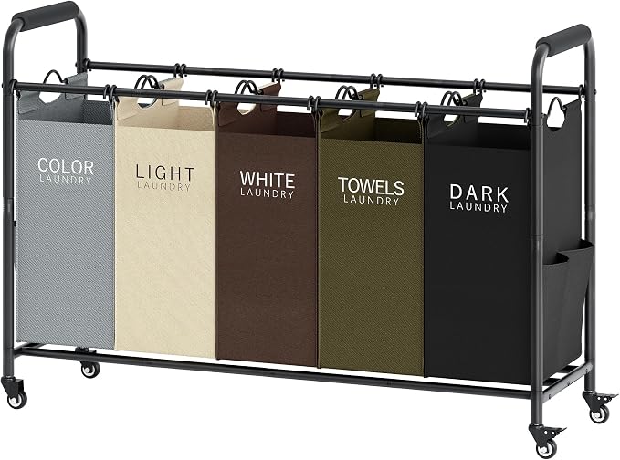 Tajsoon 5 Bag Laundry Sorter Cart, Laundry Hamper Sorter Basket with Heavy Duty Lockable Rolling Wheels for Clothes Storage, 5 Colors by Tajsoon