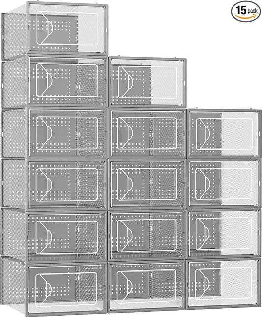Foluck Shoe Storage Box, 15 Pack Clear Plastic Stackable Organizer for Closet, Interlocking Design Shoes Container Bins for Sneakers, Foldable Shoe Rack with Lids, Grey by Foluck