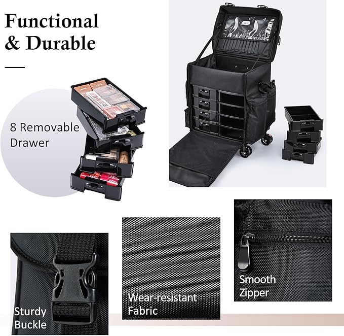 Stagiant Professional Rolling Makeup Case Soft Sided Cosmetology Organizer Wheeled Nylon Train Case Portable Travel Supply Station for Makeup Artist Nail Technician Hair Stylist Crafters - Image 4