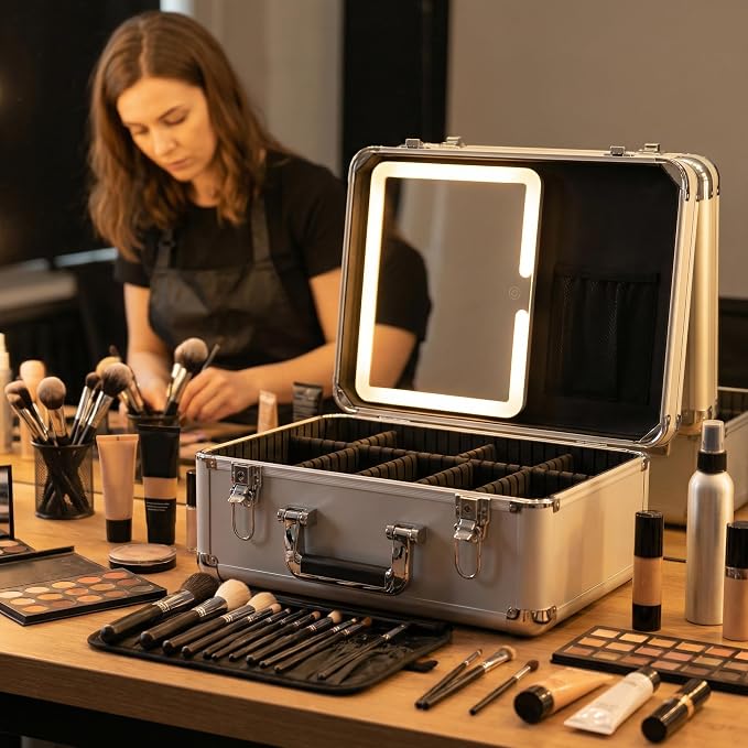 CHENGLIN Extra Large 15 inches Makeup Case with Lighted Mirror – Cosmetic Organizer with Adjustable Dividers, Magnetic LED Mirror, Portable Makeup Suitcase for Women (Silver) - Image 4