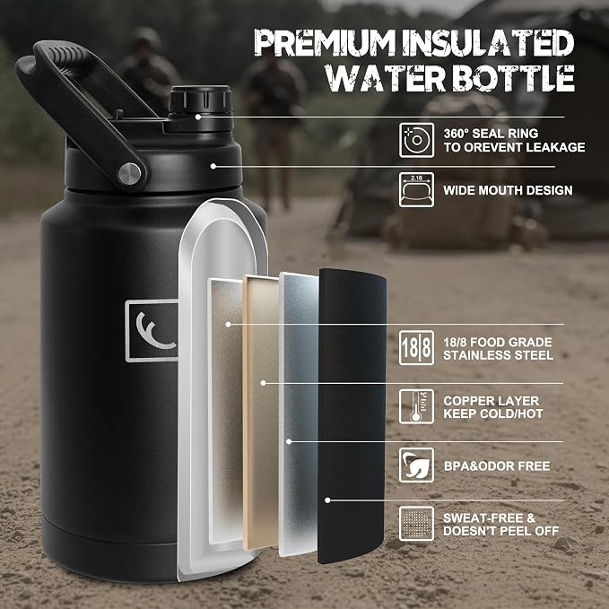 NATURE PIONEOR 128oz/1 Gallon Tactical Water Bottle with MOLLE Bottle Pouch | 18/8 Food-grade Stainless Steel, Double Vacuum Insulation, Wide-Mouth, Straw & Spout Lid, Strap, Camping, Hiking, Gym, Work - Image 6