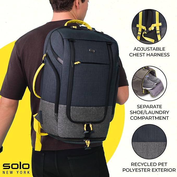 Solo New York Travel Backpack for Women & Men - Lightweight Carry On Bag, Separate Shoe Compartment, Padded Straps, Fits 17.3" Computer - Everyday Max, Navy - Image 2