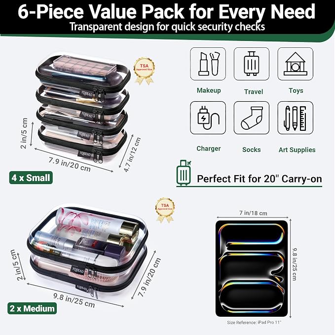 6 Pack Black Clear Hard Shell Beauty Organizer (2M+4S), 1.2mm Heavy Duty Crush-Proof Cosmetic Case, Reinforced YKK Zippers, Stadium Approved Security Bag for Skincare & Electronics, Multi-Size Set - Image 4