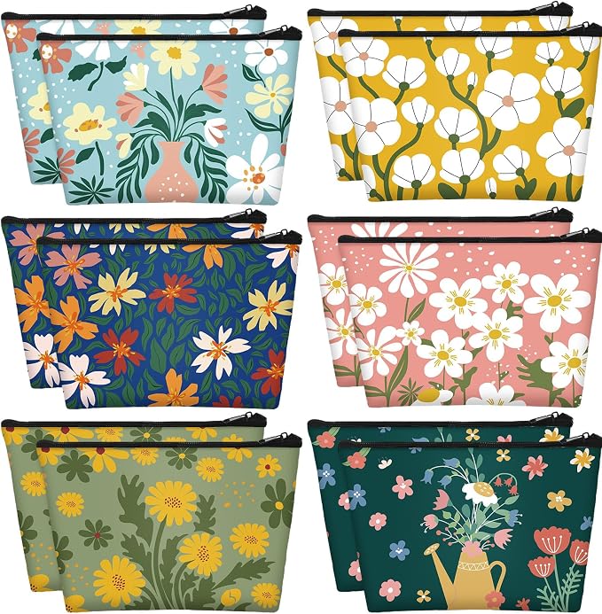 Sweetude 12 Pcs Colorful Flower Makeup Bags Bulk Portable Travel Cosmetic Bags with Zipper Watercolor Floral Waterproof Roomy Travel Toiletry Organizer Storage Pouch for Women Gifts by Sweetude