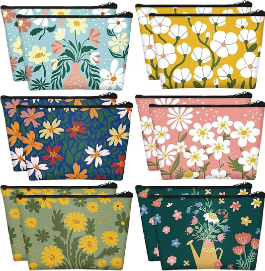Sweetude 12 Pcs Colorful Flower Makeup Bags Bulk Portable Travel Cosmetic Bags with Zipper Watercolor Floral Waterproof Roomy Travel Toiletry Organizer Storage Pouch for Women Gifts by Sweetude