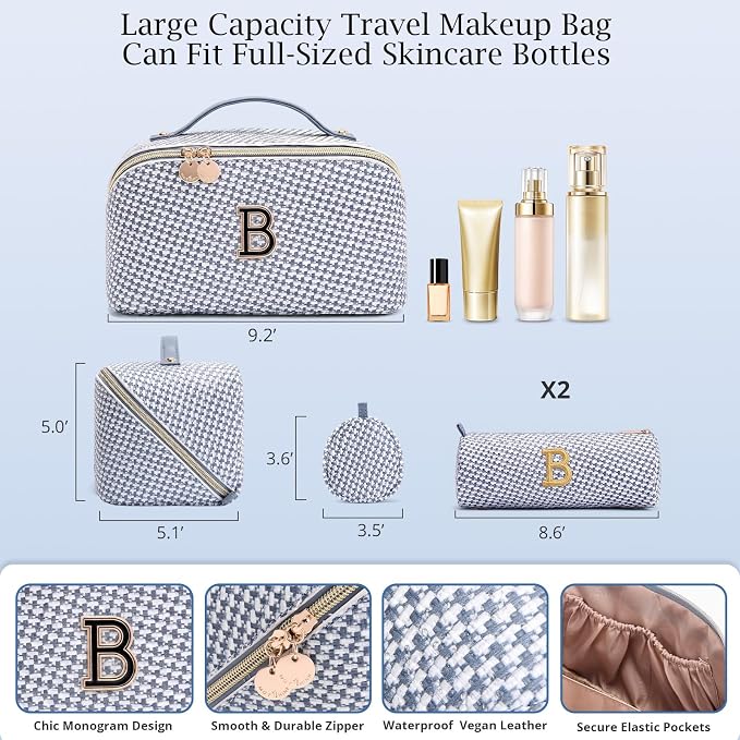 Personalized Gift Travel Makeup Bag: Initial Makeup Organizer Bag for Women | 3-in-1 Custom Make up Bag Set - Vegan Leather Travel Cosmetic Bag - Luxury Gift for Women – Birthday, Anniversary, Graduation - Image 6