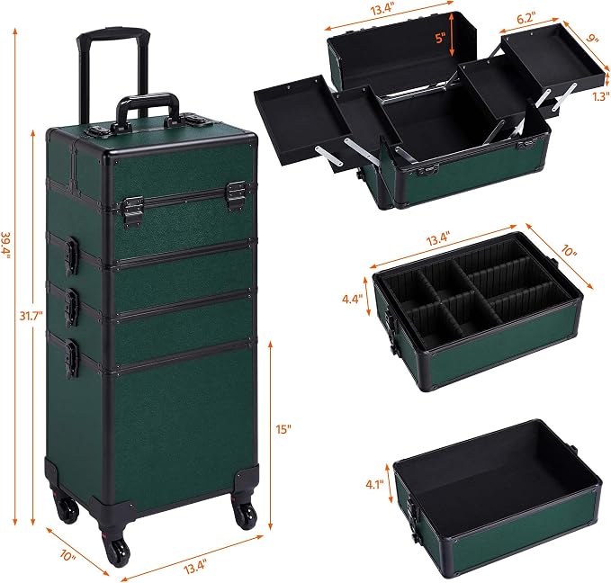 Yaheetech 4 in 1 Rolling Makeup Train Case, Lockable Green Cosmetology Cart | Aluminum-framed cosmetology trolley on swivel wheels, with stackable accordion trays keeping nail & makeup supplies organized - Image 3