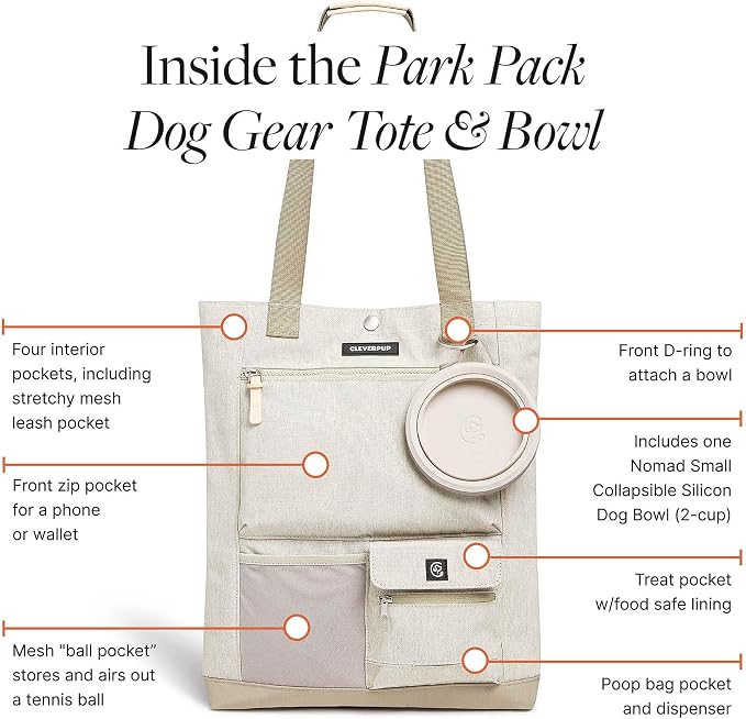 Cleverpup Park Pack 2-Piece Set Dog Gear Tote – Dog Travel Bag with 8 Pockets, Treat Pouch, Poop Bag Dispenser, Quick-Dry Ball Pocket, Collapsible Bowl, Perfect for Walks & Park Trips, Sand - Image 4