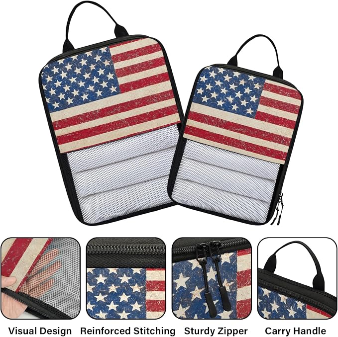 American USA Flag Vintage Compressible Packing Cubes for Suitcase 6 Set Lightweight Expandable Compression Packing Travel Luggage Organizer - Image 3