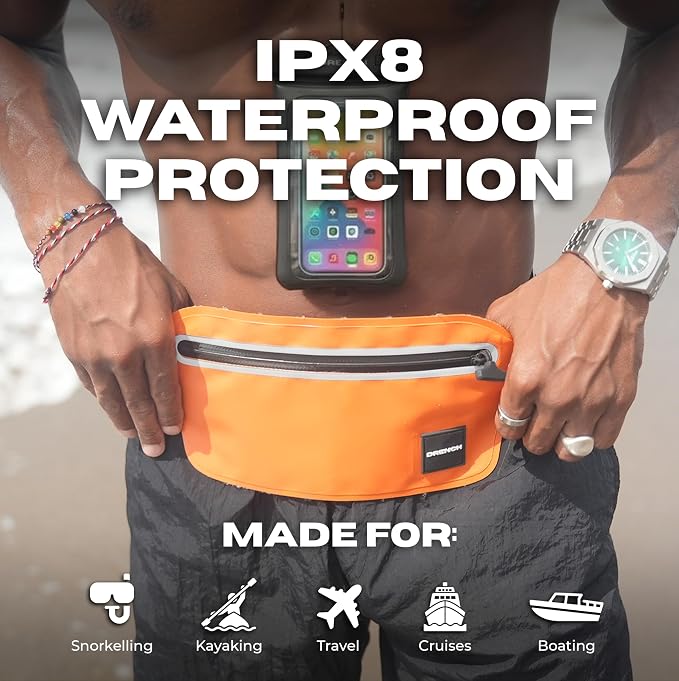 Drench Waterproof Fanny Pack & Waterproof Phone Pouch Set | IPX8 Submersible Waist Pack Dry Bag for Fishing, Hiking, Camping, Kayaking, Paddle Boarding & Water Sports | Orange - Image 8