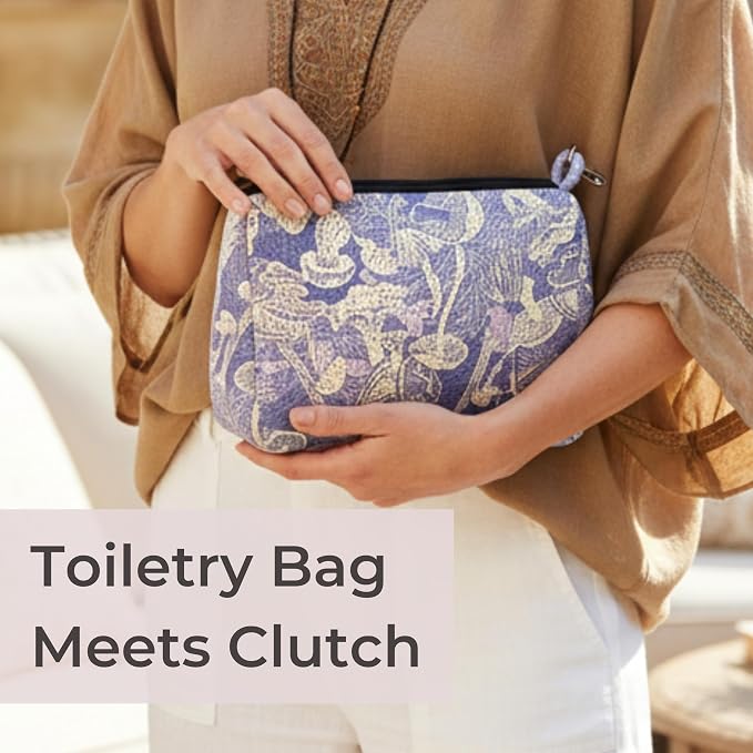 POPUPS Brand Large Makeup Bag with Zipper - Neoprene Machine Washable Travel Toiletry Cosmetic Organizer Pouch for Women (Print Shrooms Lilac) - Image 5