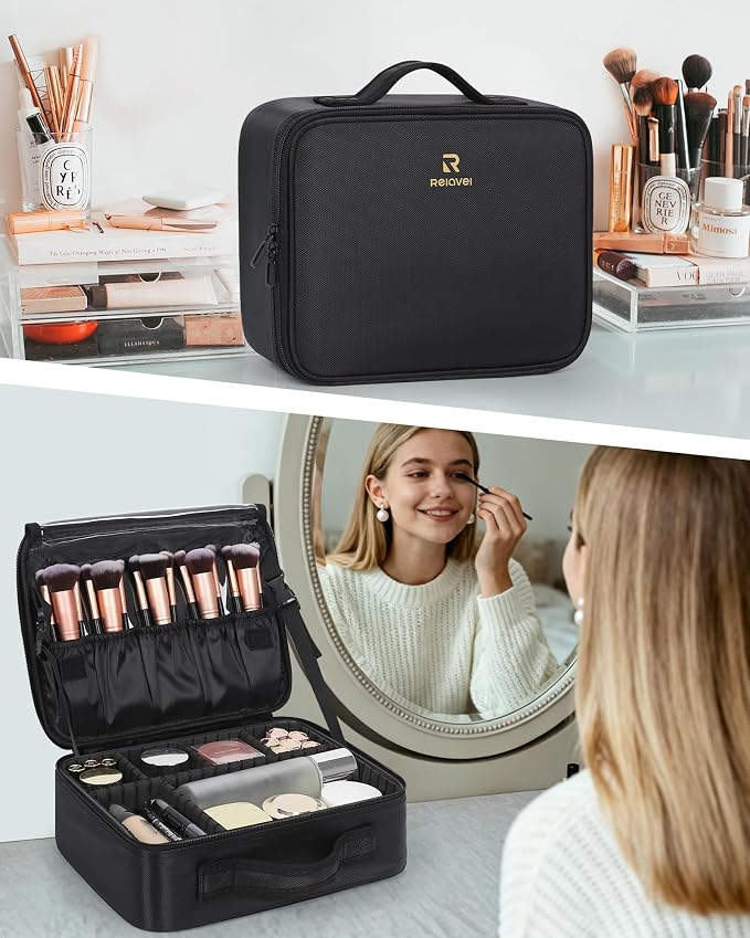 Relavel Makeup Bag Travel Makeup Train Case Large Capacity Cosmetic Case Professional Portable Makeup Brush Holder Organizer and Storage Box with Adjustable Dividers Black - Image 2
