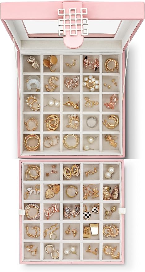 Glenor Co Earring Organizer - Classic 50 Section Jewelry Box/Case/Holder for Earrings, Rings, Necklaces, Jewelry, Cufflinks or Collections -2 Layer Small Compartments with Large Glass Top - Soft Pink - Image 4