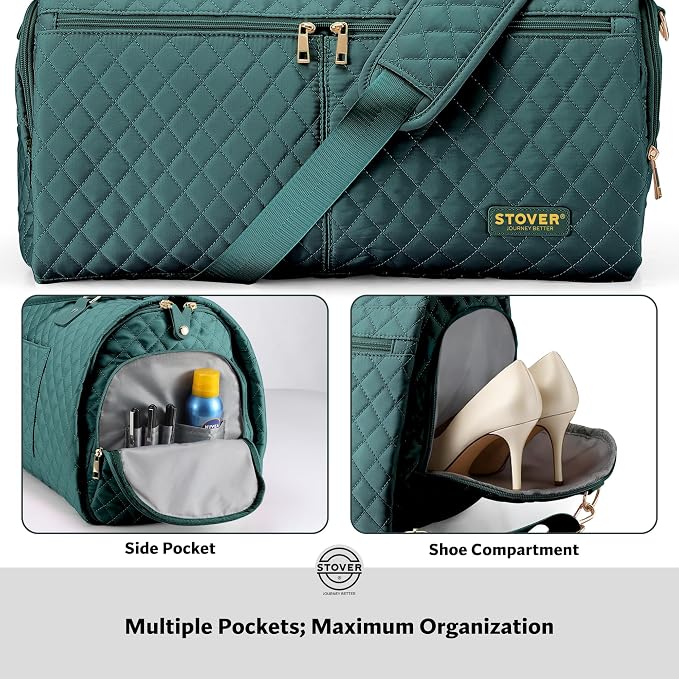 STOVER Women’s Convertible Garment Duffel Bag for Travel – 2-in-1 Carry-On Weekender/Overnight Tote - Wrinkle-Free Dresses, Suits & Clothes + Shoe Compartment & Bonus Toiletry Bag (Emerald Green) - Image 5
